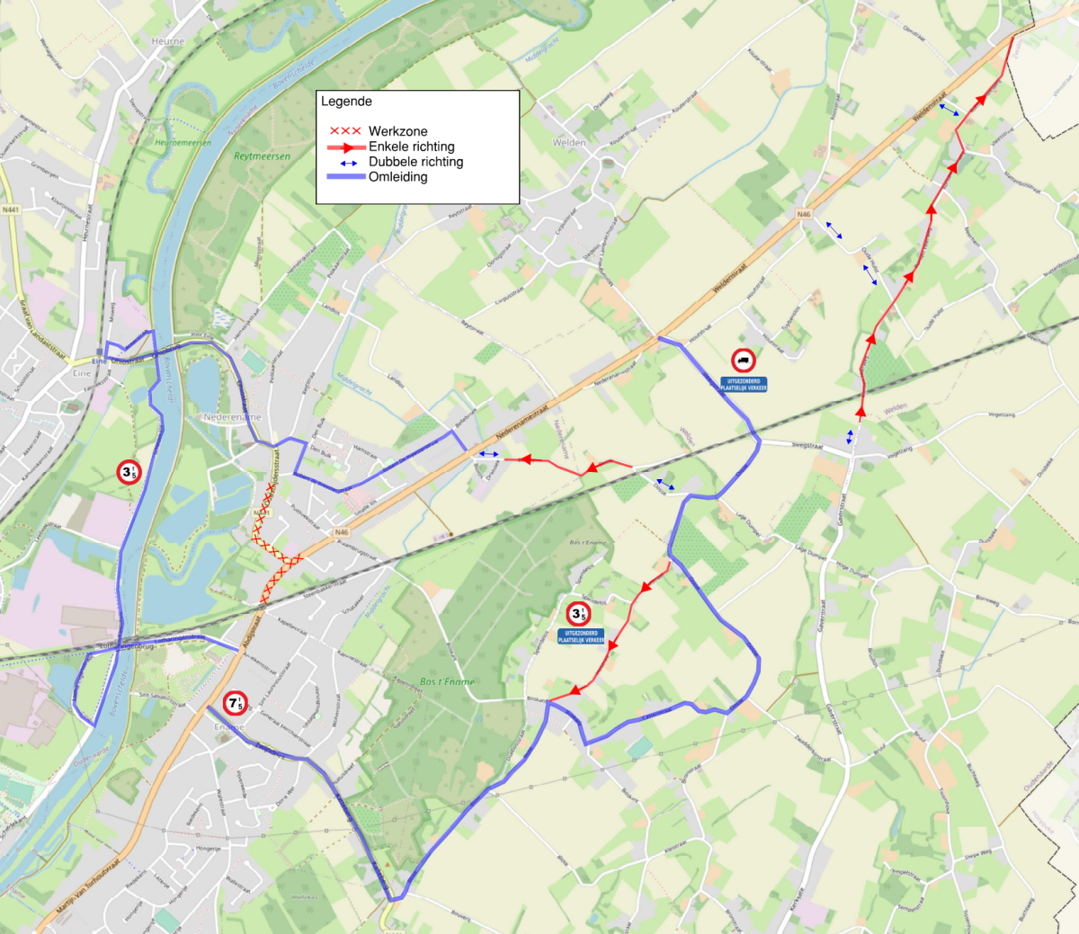 De lokale omleiding werken Nederenamestraat